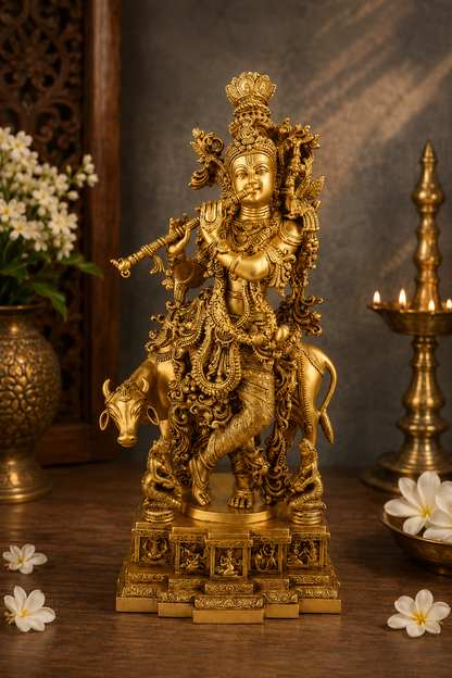 पीतल की शाही सुनहरी गाय और कृष्ण बांसुरी बजाते हुए, वज़न 36.5 किलोग्राम और ऊंचाई 28 इंच