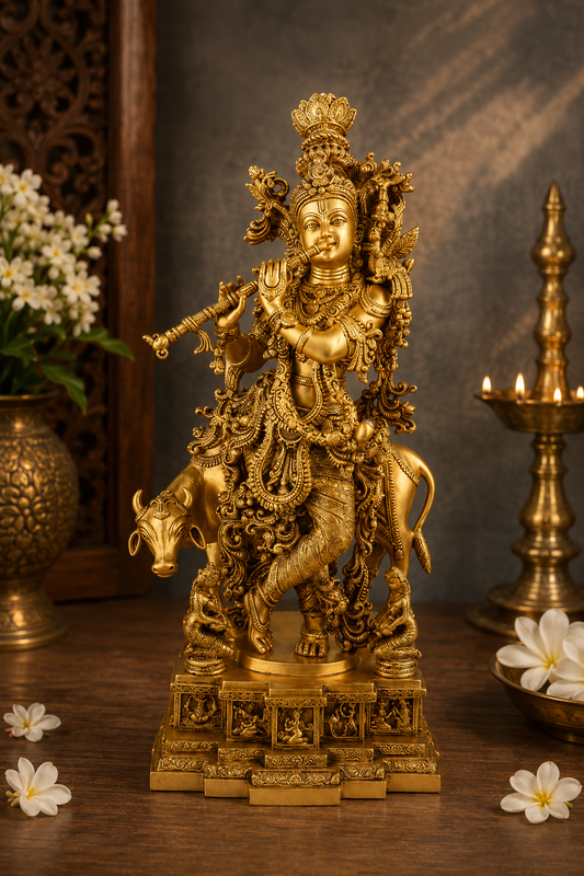 Brassaura® Lord Krishna Playing Flute with Cow Idol with Polished Finish | Pure Superfine Brass Handcrafted Murti | Brass Statue for Home Temple, Pooja Room, Spiritual Décor & Luxury Gifting | Height 28 Inches | Weight 36.5 Kg