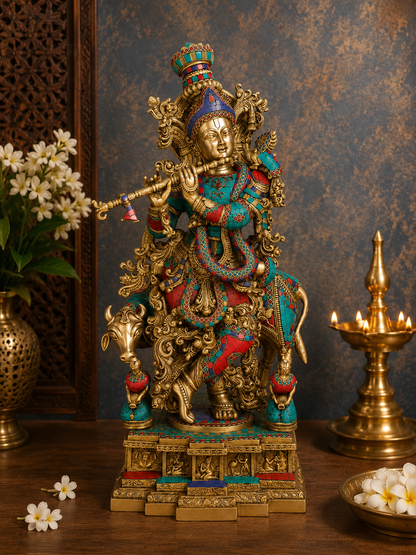 Brassaura® Lord Krishna Playing Flute with Cow Idol with Multi-Color Finish | Pure Superfine Brass Handcrafted Murti | Brass Statue for Home Temple, Pooja Room, Spiritual Décor & Luxury Gifting | Height 28 Inches | Weight 36 Kg