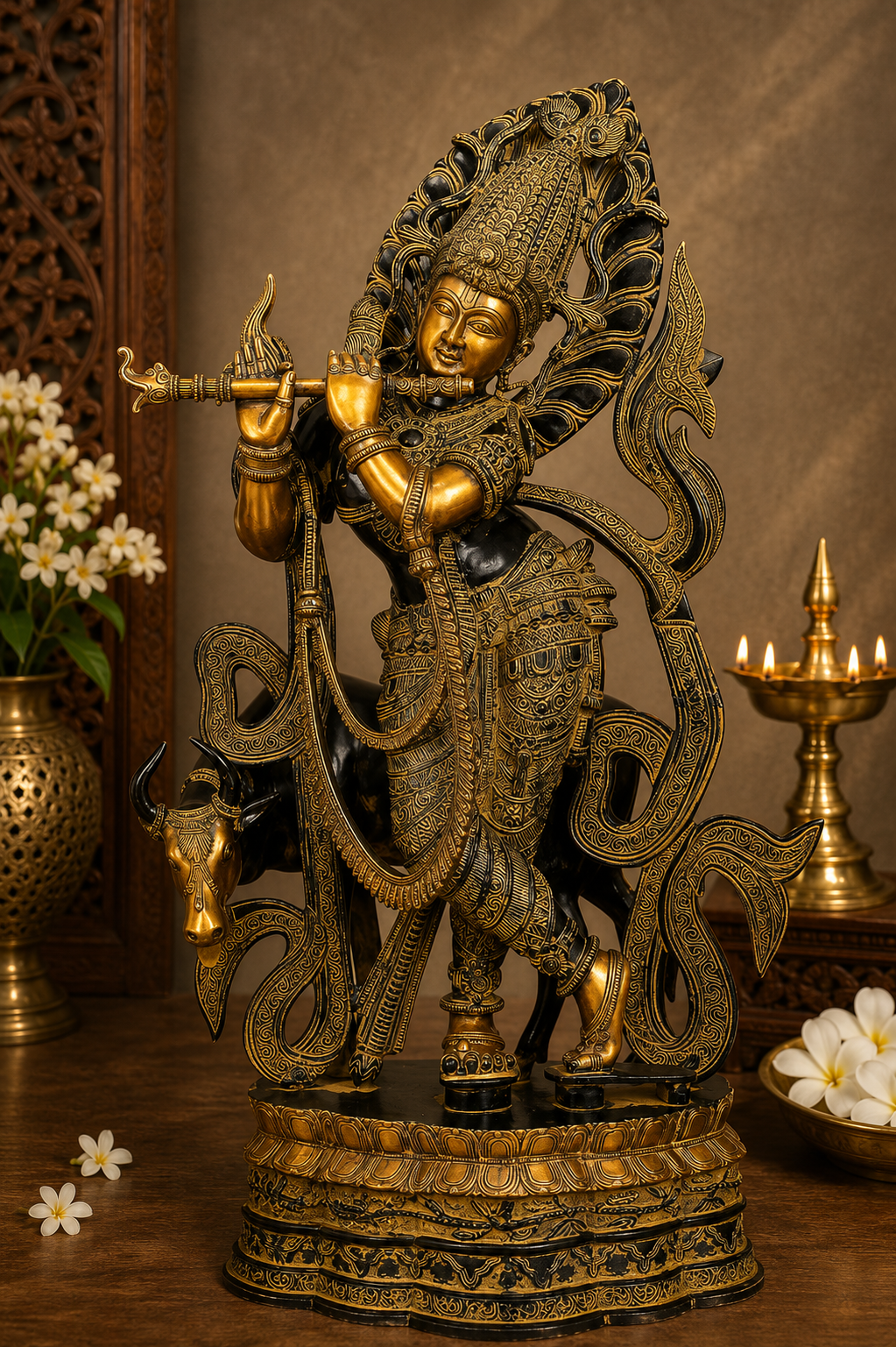 पीतल की गाय और कृष्ण बांसुरी बजाते हुए, वज़न 37 किलोग्राम और ऊंचाई 36 इंच