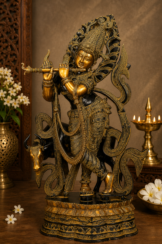 Brassaura® Lord Krishna Playing Flute with Cow Idol with Golden & Black Patina Finish | Pure Superfine Brass Handcrafted Murti | Brass Statue for Home Temple, Pooja Room, Spiritual Décor & Luxury Gifting | Height 36 Inches | Weight 37 Kg