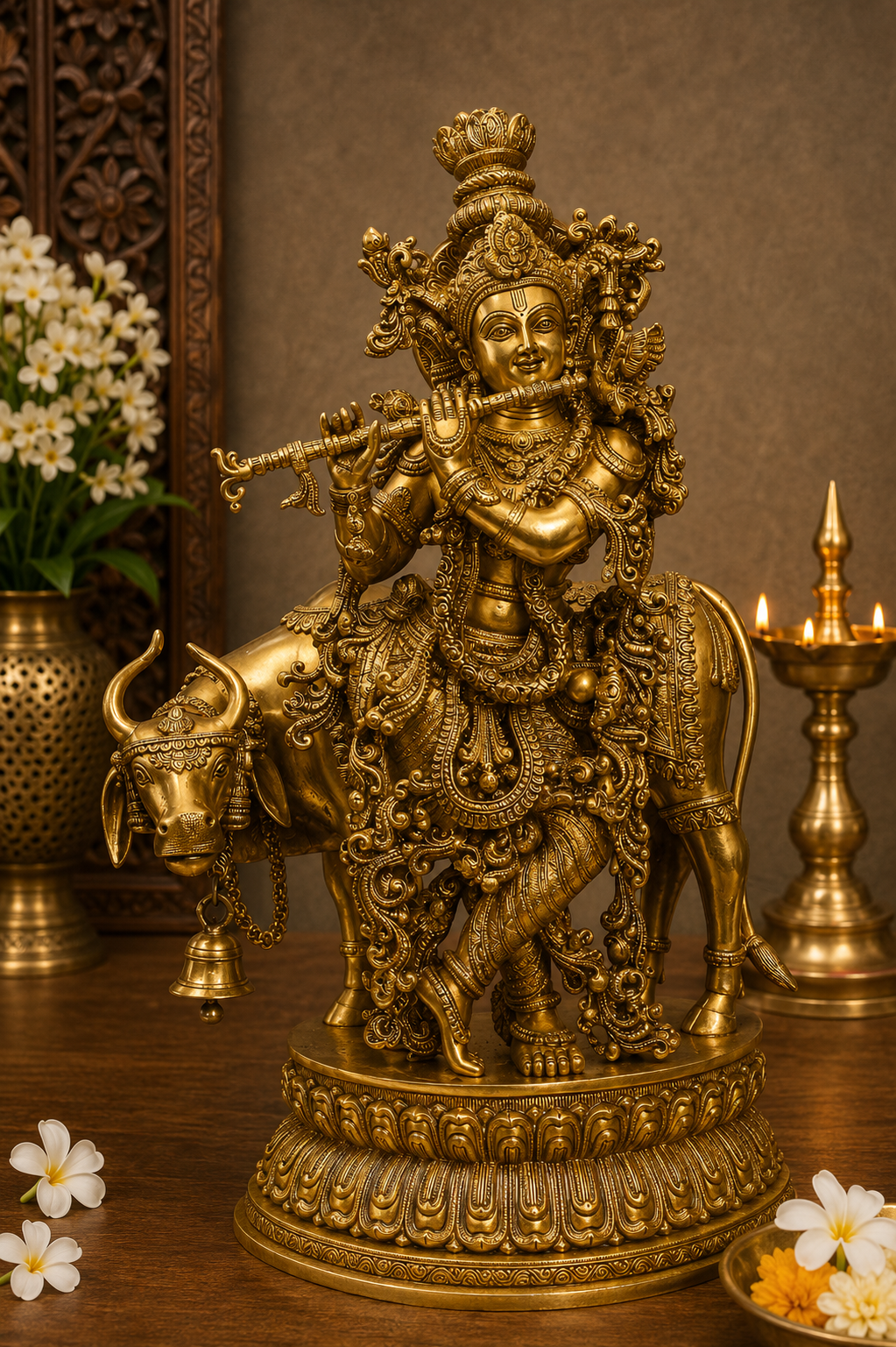 Brassaura® Lord Krishna Playing Flute with Cow Idol with Polished Finish | Pure Superfine Brass Handcrafted Murti | Brass Statue for Home Temple, Pooja Room, Spiritual Décor & Luxury Gifting | Height 29 Inches | Weight 32 Kg