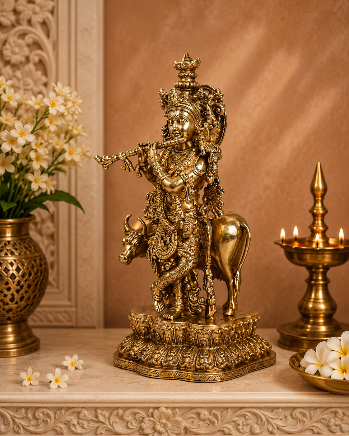 Brassaura® Lord Krishna Playing Flute with Cow Idol with Polished Finish | Pure Superfine Brass Handcrafted Murti | Brass Statue for Home Temple, Pooja Room, Spiritual Décor & Luxury Gifting | Height 17 Inches | Weight 9 Kg