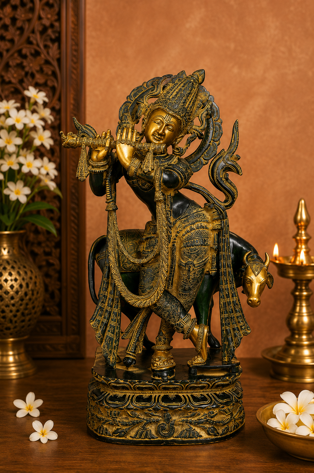 Brassaura® Lord Krishna Playing Flute with Cow Idol with Green Algae Finish | Pure Superfine Brass Handcrafted Murti | Brass Statue for Home Temple, Pooja Room, Spiritual Décor & Luxury Gifting | Height 22 Inches | Weight 18 Kg