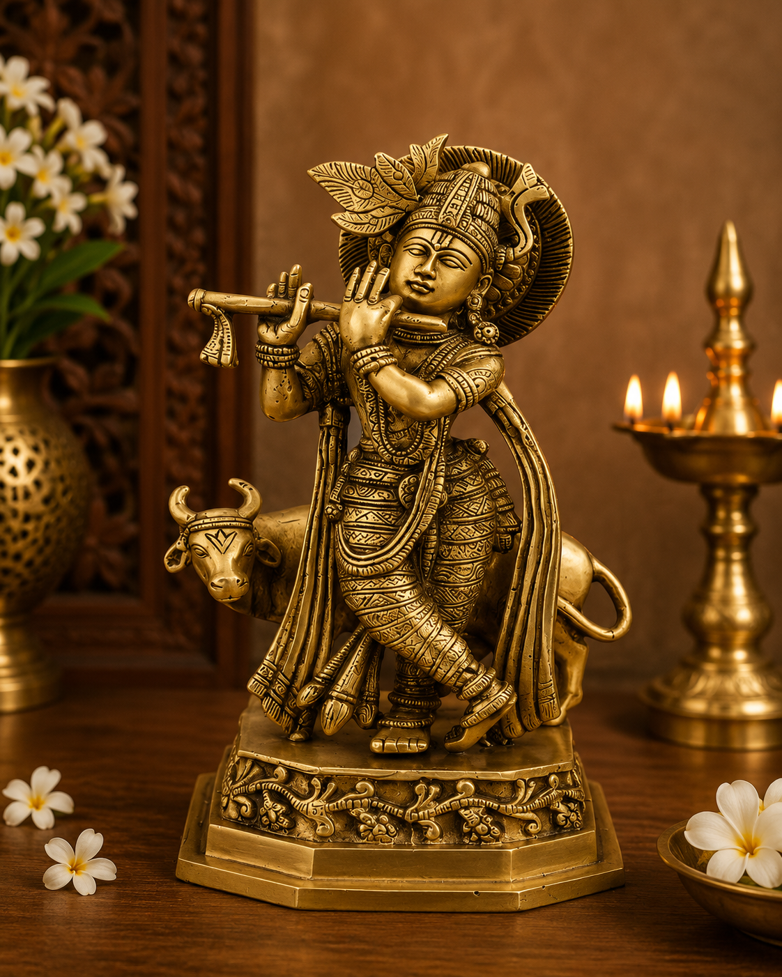 Brassaura® Lord Krishna Playing Flute with Cow Idol | Pure Brass Antique Silver Finish Handcrafted Murti | Brass Statue for Home Temple, Pooja Room, Spiritual Décor & Luxury Gifting | Height 10 Inches | Weight 2.7 Kg