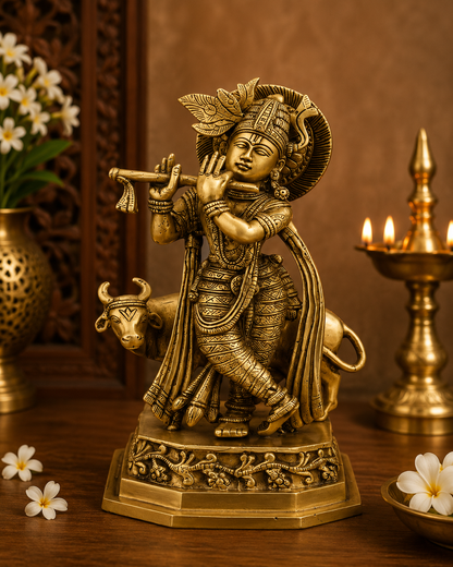 Brassaura® Lord Krishna Playing Flute with Cow Idol | Pure Brass Antique Silver Finish Handcrafted Murti | Brass Statue for Home Temple, Pooja Room, Spiritual Décor & Luxury Gifting | Height 10 Inches | Weight 2.7 Kg