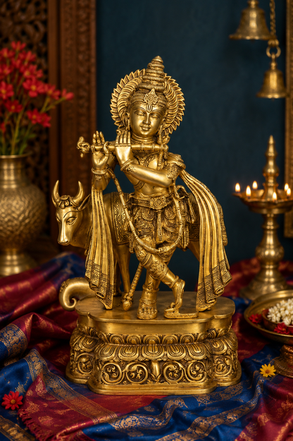 पीतल की गाय और कृष्ण वज़न 16 किग्रा और ऊँचाई 20 इंच