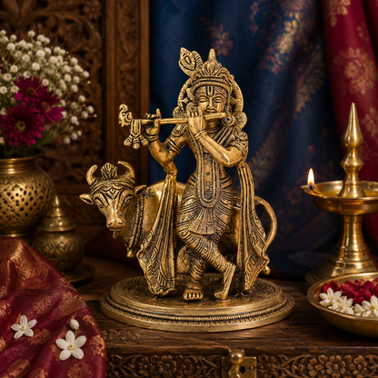 पीतल की गाय और कृष्ण बांसुरी बजाते हुए, वज़न 3 किलो और ऊंचाई 8 इंच