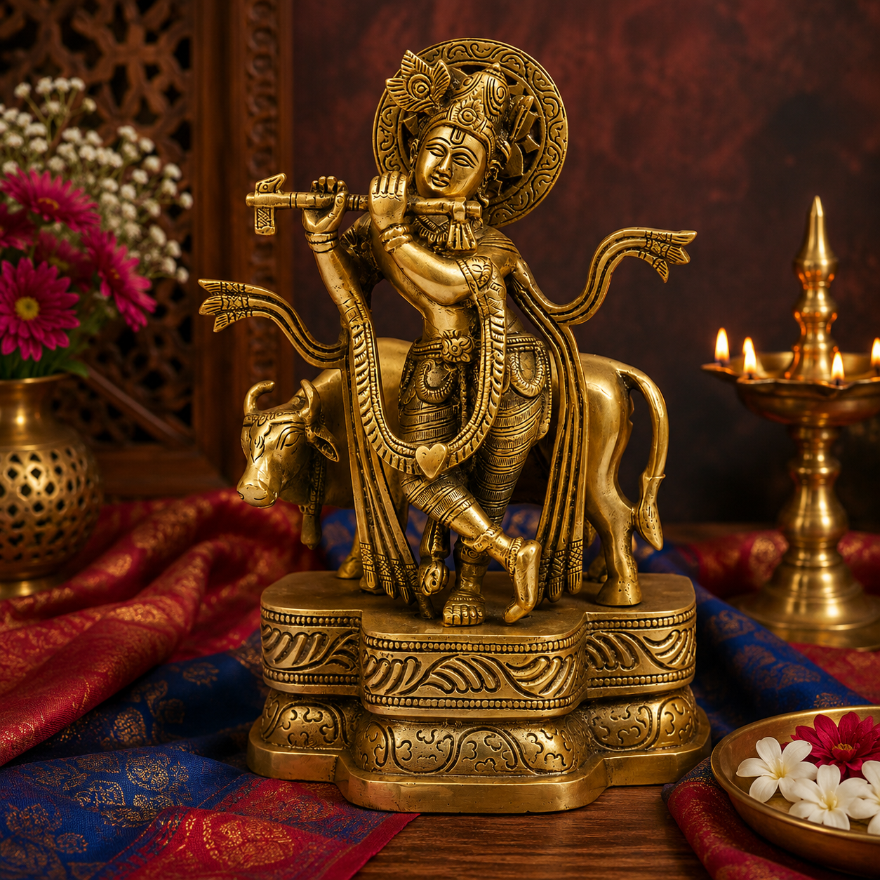 पीतल गाय और कृष्ण वज़न 2.9 किलोग्राम और ऊंचाई 9.5 इंच