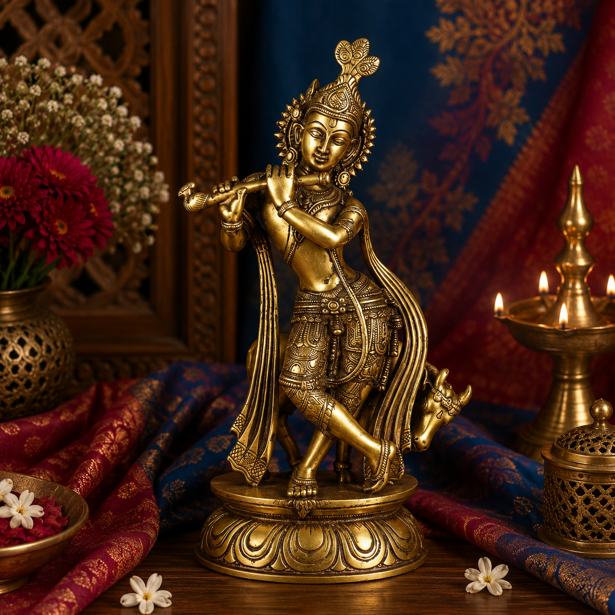Brassaura® Lord Krishna Playing Flute Idol with Antique Finish | Pure Superfine Brass Handcrafted Murti | Brass Statue for Home Temple, Pooja Room, Spiritual Décor & Luxury Gifting | Height 13 Inches | Weight 4.4 Kg