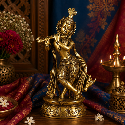 Brassaura® Lord Krishna Playing Flute Idol with Antique Finish | Pure Superfine Brass Handcrafted Murti | Brass Statue for Home Temple, Pooja Room, Spiritual Décor & Luxury Gifting | Height 13 Inches | Weight 4.4 Kg