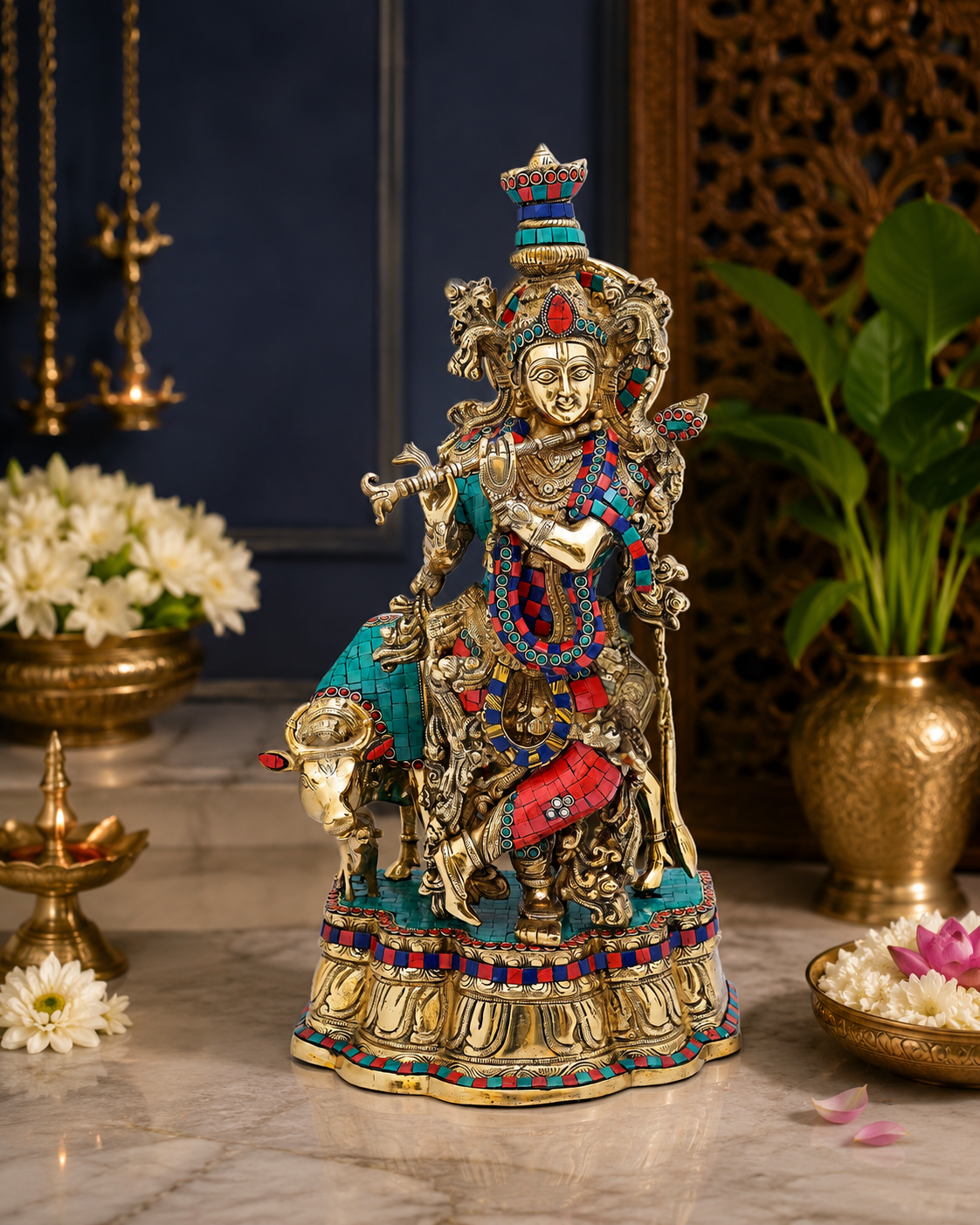 Brassaura® Lord Krishna Playing Flute Idol with Multi-Color Stone Work Finish | Pure Superfine Brass Handcrafted Murti | Brass Statue for Home Temple, Pooja Room, Spiritual Décor & Luxury Gifting | Height 22 Inches | Weight 17 Kg