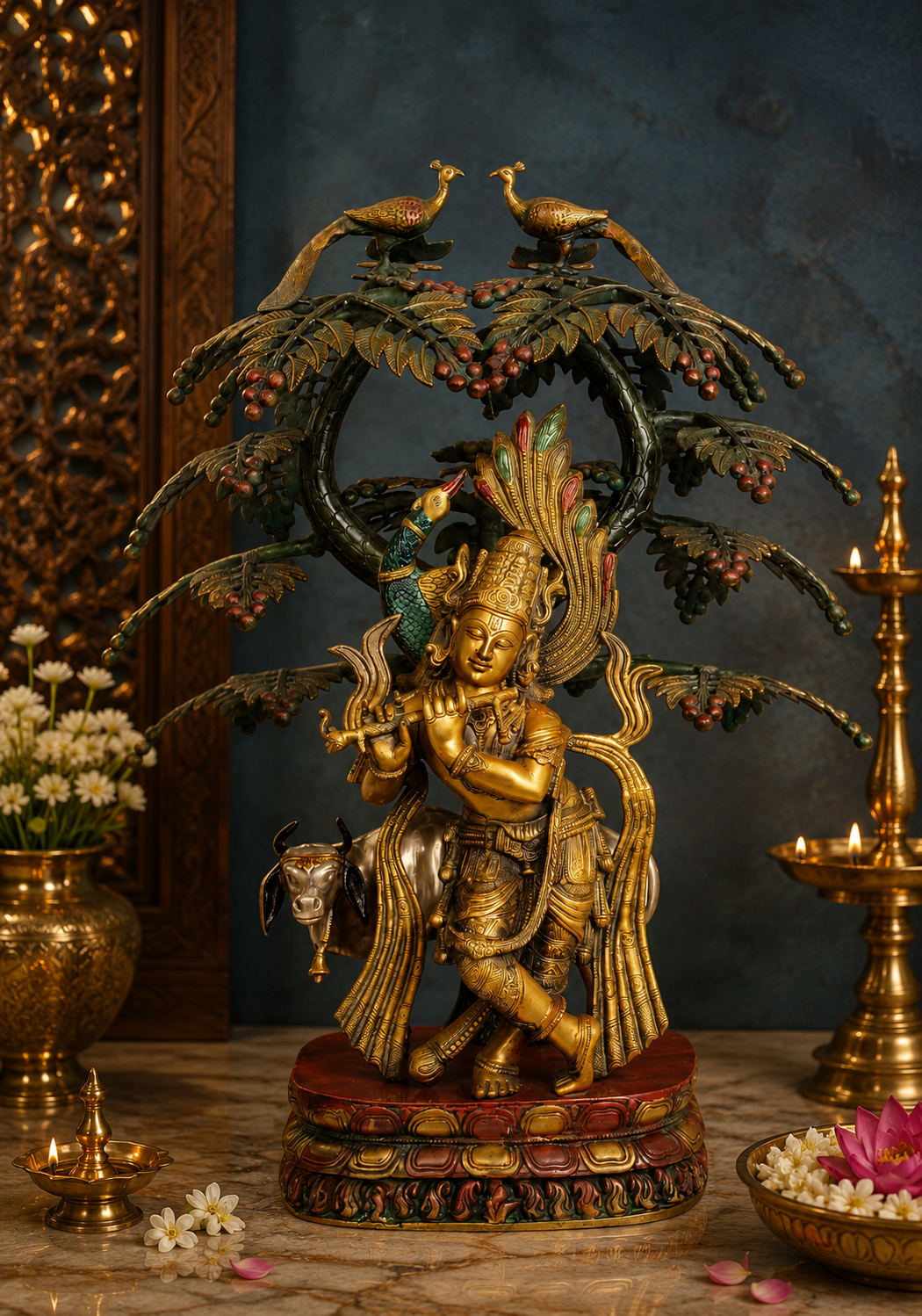 ब्रेसोरा™ ब्रास कृष्ण ट्री गाय के साथ - ऊंचाई 33 इंच और वज़न 42 किलोग्राम | मंदिर और घर के लिए पारंपरिक हस्तनिर्मित मूर्ति