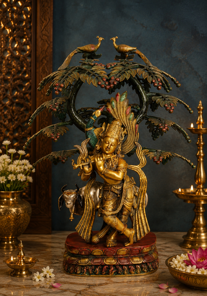 ब्रेसोरा™ ब्रास कृष्ण ट्री गाय के साथ - ऊंचाई 33 इंच और वज़न 42 किलोग्राम | मंदिर और घर के लिए पारंपरिक हस्तनिर्मित मूर्ति