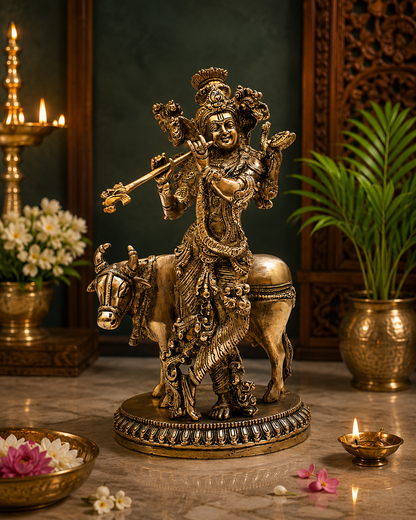Brassaura® Lord Krishna Playing Flute Idol with Antique Finish | Pure Superfine Brass Handcrafted Murti | Brass Statue for Home Temple, Pooja Room, Spiritual Décor & Luxury Gifting | Height 10 Inches | Weight 3.5 Kg