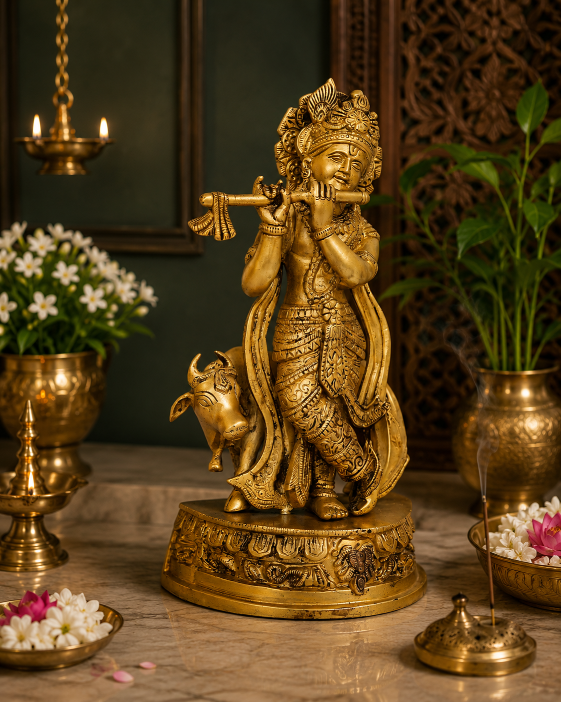 Brassaura® Lord Krishna Playing Flute Idol with Cow | Pure Superfine Brass Handcrafted Murti | Brass Statue for Home Temple, Pooja Room, Living Room Décor & Spiritual Gifting | Height 12.5 Inches | Weight 4.1 Kg