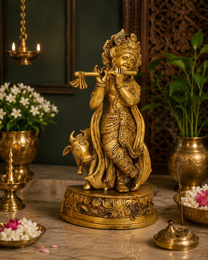 Brassaura® Lord Krishna Playing Flute Idol with Cow | Pure Superfine Brass Handcrafted Murti | Brass Statue for Home Temple, Pooja Room, Living Room Décor & Spiritual Gifting | Height 12.5 Inches | Weight 4.1 Kg