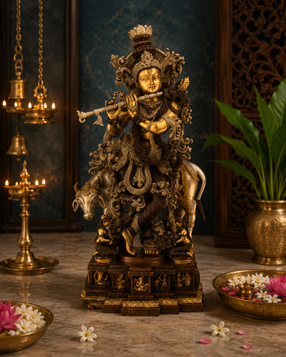 Brassaura® Lord Krishna Playing Flute Idol with Cow | Pure Superfine Brass Handcrafted Murti | Brass Statue for Home Temple, Pooja Room, Living Room Décor & Spiritual Gifting | Height 28 Inches | Weight 35 Kg