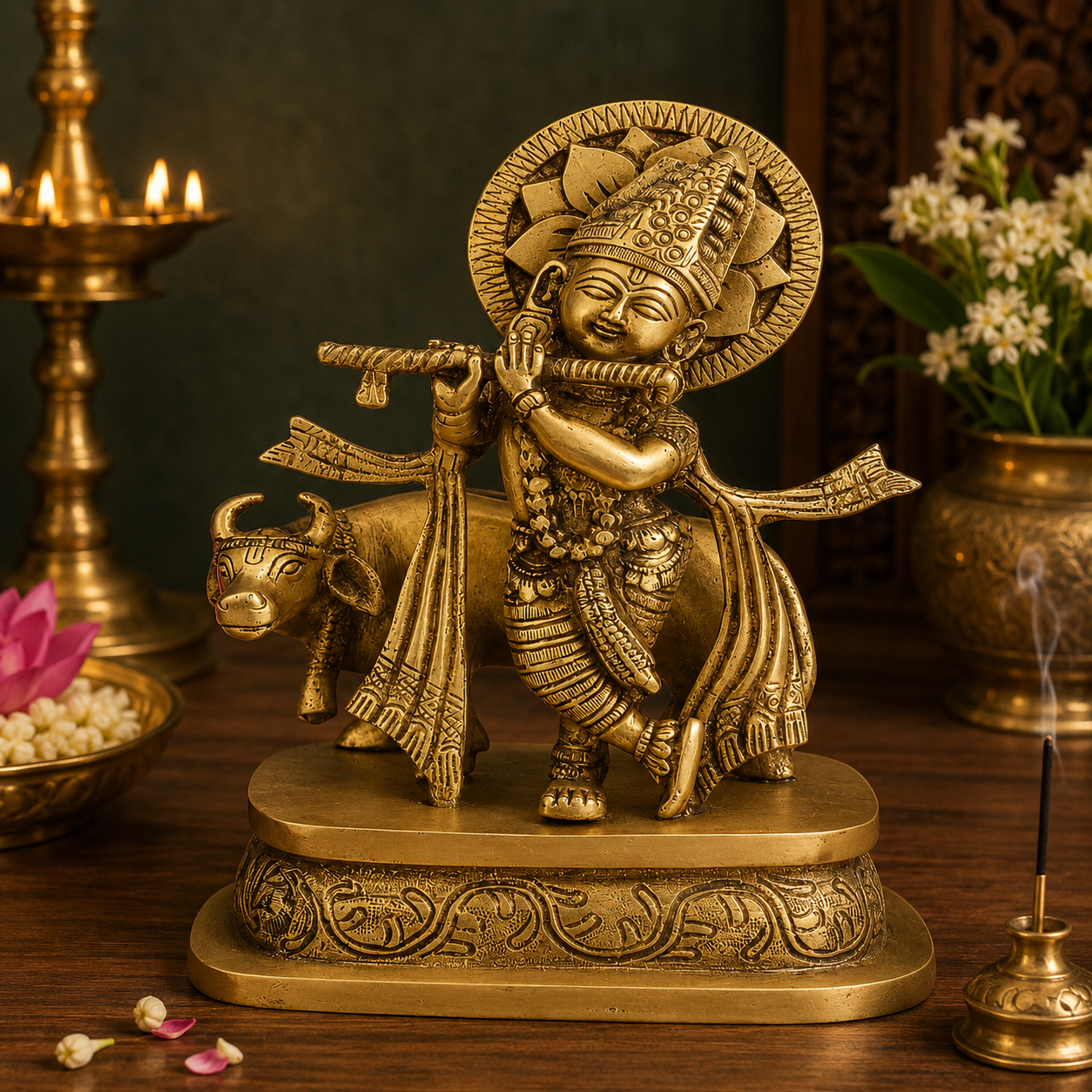Brassaura® Lord Krishna Playing Flute with Cow Idol with Antique Finish | Pure Superfine Brass Handcrafted Murti | Brass Statue for Home Temple, Pooja Room, Spiritual Décor & Luxury Gifting | Height 7 Inches | Weight 1.5 Kg