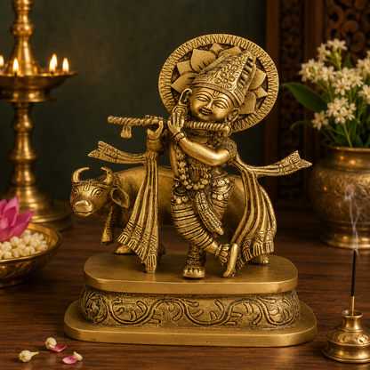 Brassaura® Lord Krishna Playing Flute with Cow Idol with Antique Finish | Pure Superfine Brass Handcrafted Murti | Brass Statue for Home Temple, Pooja Room, Spiritual Décor & Luxury Gifting | Height 7 Inches | Weight 1.5 Kg