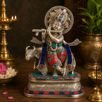 पीतल की रत्न जड़ी गाय और कृष्ण, वज़न 1.5 किलो और ऊंचाई 6.5 इंच