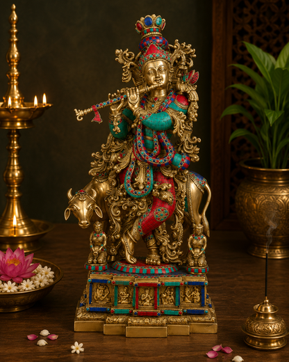 Brassaura® Lord Krishna Playing Flute with Cow Idol with Stonework Finish | Pure Superfine Brass Handcrafted Murti | Brass Statue for Home Temple, Pooja Room, Spiritual Décor & Luxury Gifting | Height 28 Inches | Weight 35 Kg