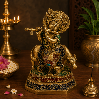 Brassaura® Lord Krishna Playing Flute with Cow Idol with Stonework Finish | Pure Superfine Brass Handcrafted Murti | Brass Statue for Home Temple, Pooja Room, Spiritual Décor & Luxury Gifting | Height 10 Inches | Weight 3.2 Kg