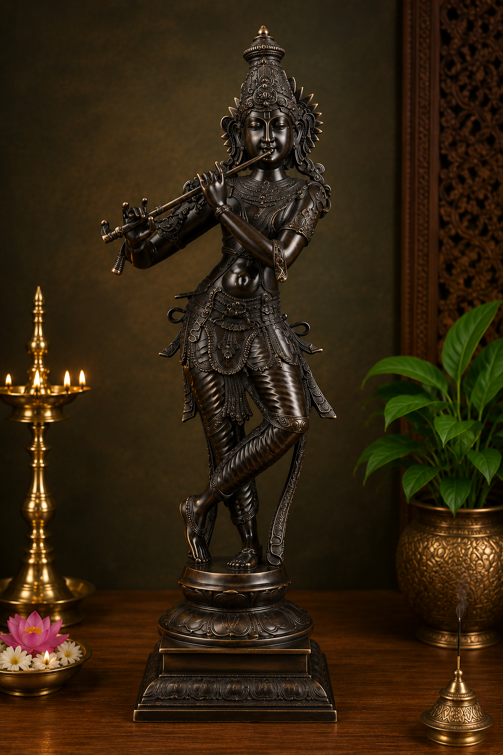 Brassaura® Lord Krishna Playing Flute Standing Idol with Antique Black Finish | Pure Superfine Brass Handcrafted Murti | Brass Statue for Home Temple, Pooja Room, Spiritual Décor & Luxury Gifting | Height 35 Inches | Weight 20 Kg