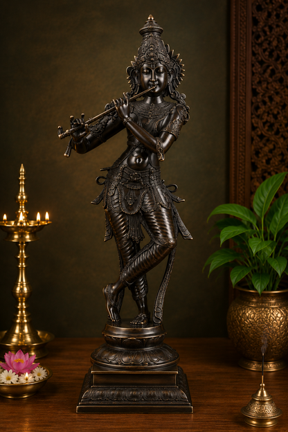 Brassaura® Lord Krishna Playing Flute Standing Idol with Antique Black Finish | Pure Superfine Brass Handcrafted Murti | Brass Statue for Home Temple, Pooja Room, Spiritual Décor & Luxury Gifting | Height 35 Inches | Weight 20 Kg