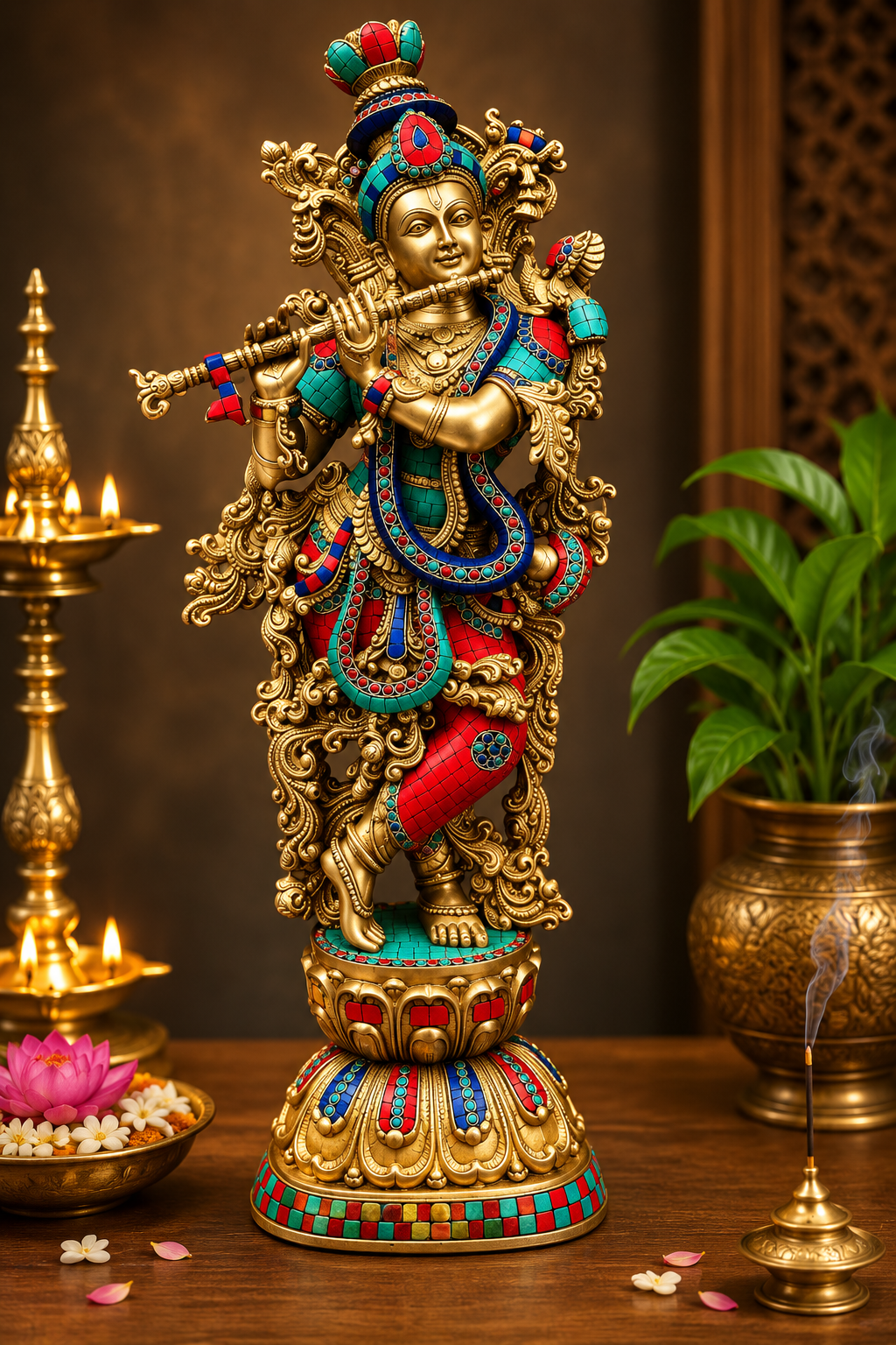 Brassaura® Colorful Lord Krishna Playing Flute Brass Idol | Handcrafted Brass Murti with Decorative Stone Work | Premium Krishna Statue for Home Temple, Pooja Room & Spiritual Décor | Height 29 Inches | Weight 16 Kg