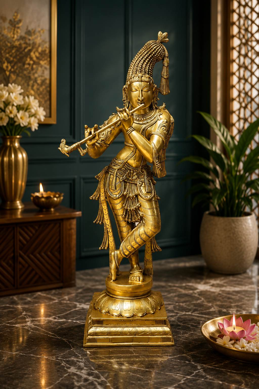 Brassaura® Golden Brass Chola Lord Krishna Playing Flute Brass Idol | Handcrafted Chola Style Krishna Murti for Home Temple, Pooja Room & Spiritual Décor | Height 36 Inches | Weight 23 Kg