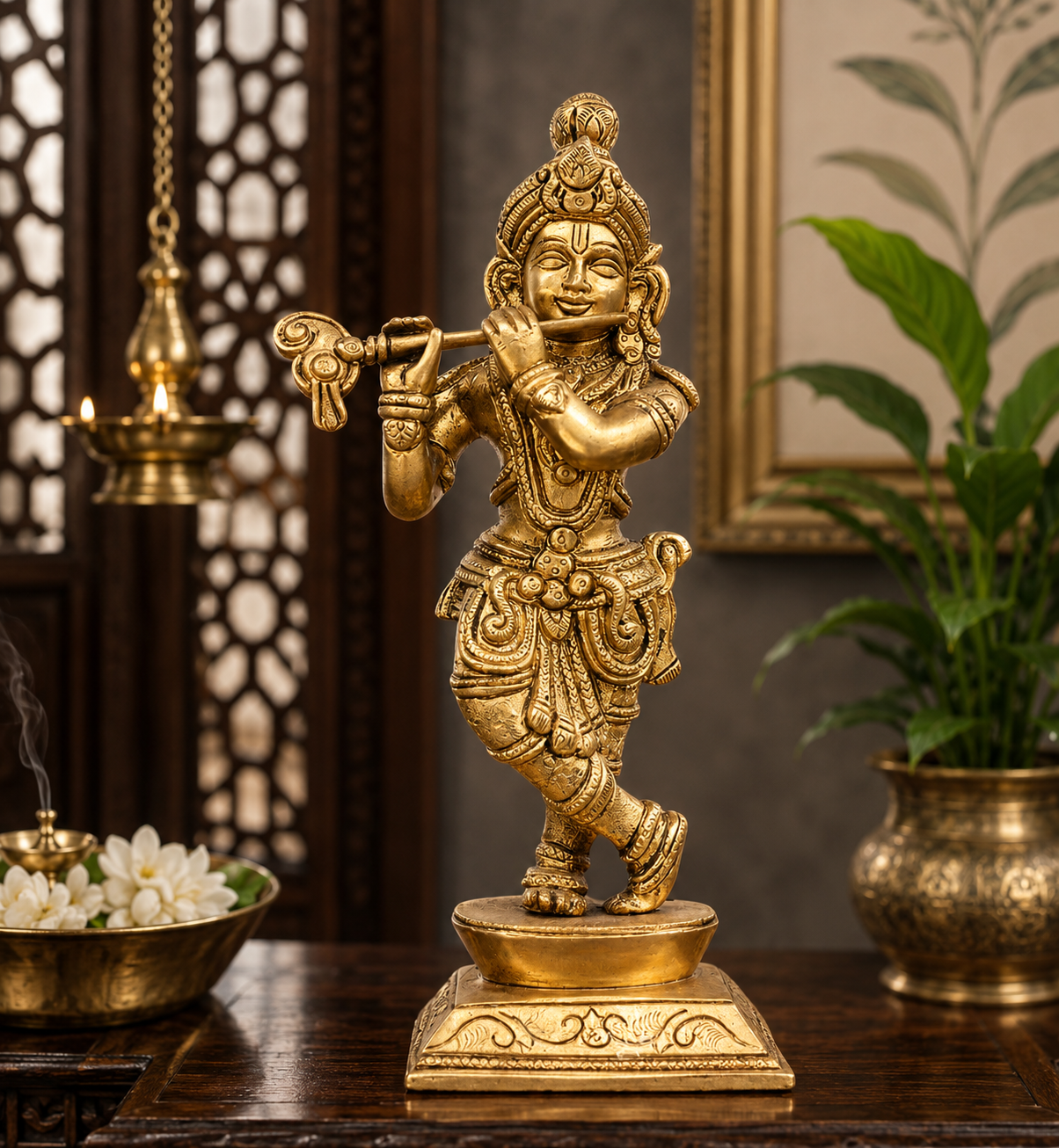Brassaura® Golden Brass Lord Krishna Playing Flute Brass Idol | Handcrafted Krishna Murti for Home Temple, Pooja Room & Spiritual Décor | Height 9 Inches | Weight 2 Kg