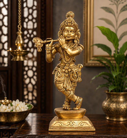 Brassaura® Golden Brass Lord Krishna Playing Flute Brass Idol | Handcrafted Krishna Murti for Home Temple, Pooja Room & Spiritual Décor | Height 9 Inches | Weight 2 Kg