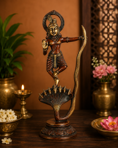 Brassaura® Kalinga Nardhana Lord Krishna Brass Idol | Handcrafted Golden Copper Finish Krishna Dancing on Kaliya Naag Murti for Home Temple, Pooja Room & Spiritual Décor | Height 13 Inches | Weight 2.5 Kg
