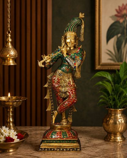 Brassaura® Chola Style Lord Krishna Brass Idol with Colorful Stone Work | Handcrafted Brass Krishna Playing Flute Statue for Home Temple, Pooja Room & Luxury Décor | Height 36 Inches | Weight 23 Kg