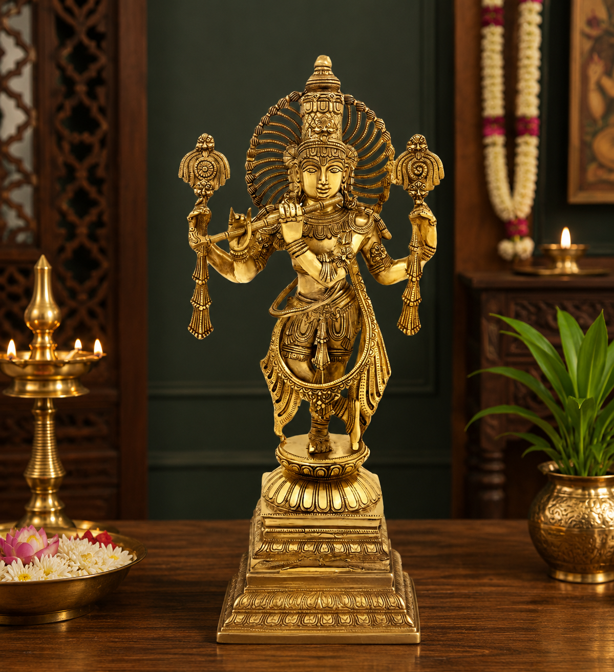 Brassaura® Chola Style Lord Krishna Brass Idol | Handcrafted Brass Krishna Playing Flute Statue for Home Temple, Pooja Room & Luxury Décor | Height 24 Inches | Weight 14 Kg