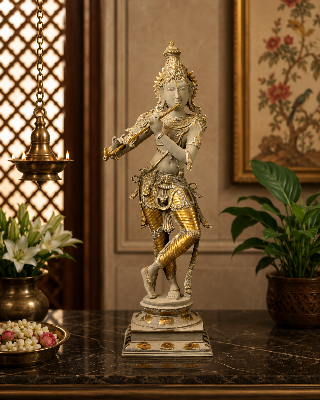Brassaura® Vintage Finish Lord Krishna Brass Idol | Handcrafted Krishna Playing Flute Statue for Home Temple, Living Room & Luxury Décor | Height 35 Inches | Weight 20 Kg
