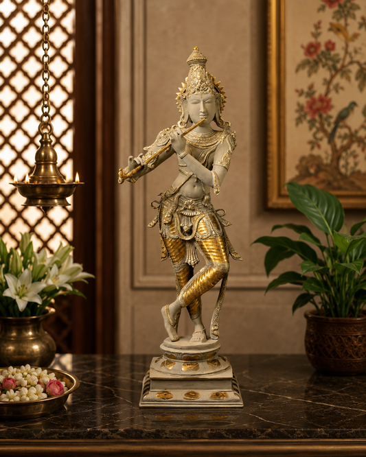 Brassaura® Vintage Finish Lord Krishna Brass Idol | Handcrafted Krishna Playing Flute Statue for Home Temple, Living Room & Luxury Décor | Height 35 Inches | Weight 20 Kg