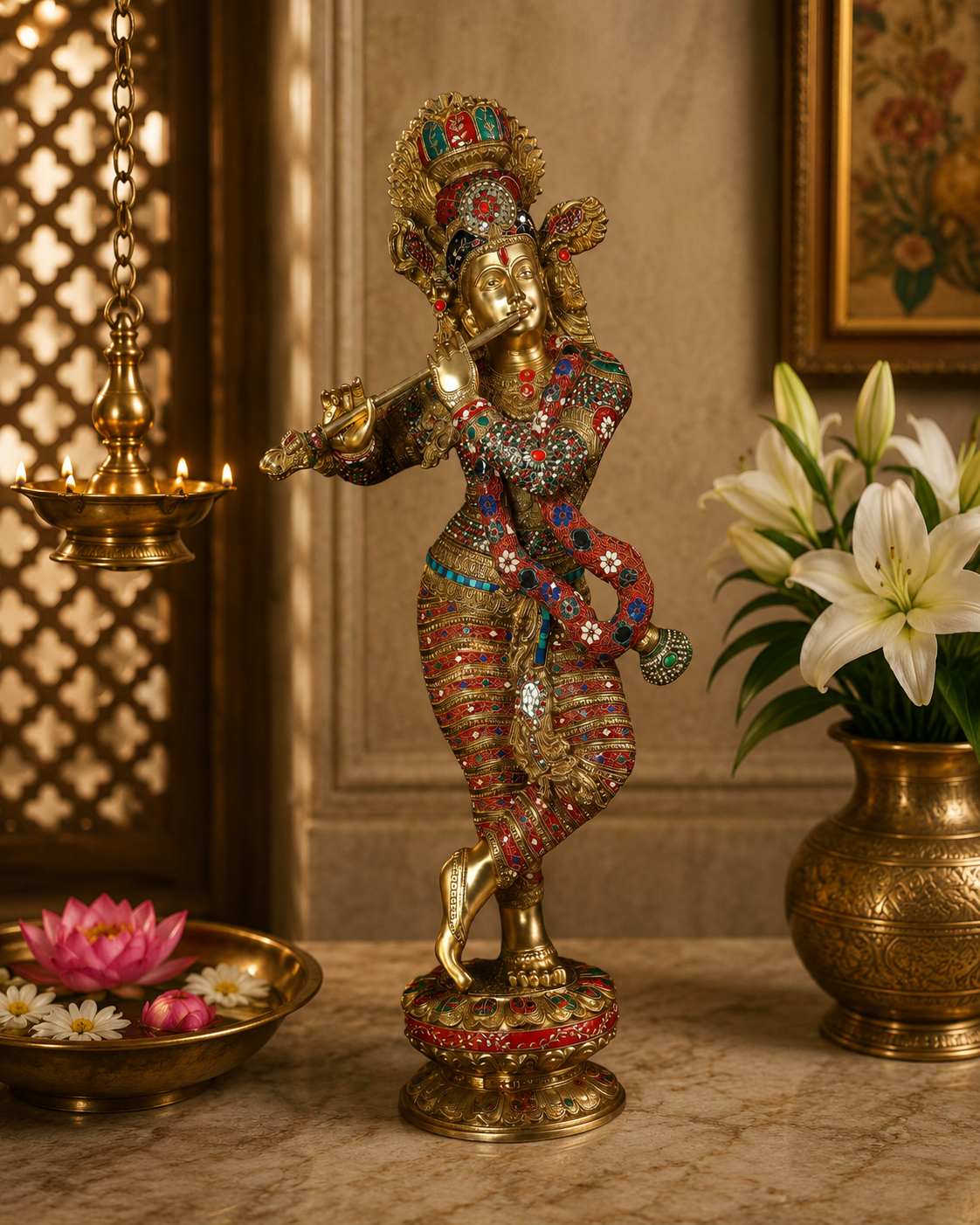 Brassaura® Large Brass Lord Krishna Idol with Colorful Stone Work | Handcrafted Krishna Playing Flute Statue for Home Temple, Luxury Décor & Spiritual Spaces | Height 45 Inches | Weight 48 Kg