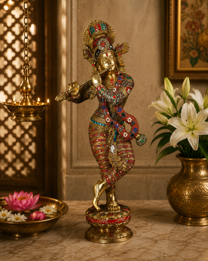 Brassaura® Large Brass Lord Krishna Idol with Colorful Stone Work | Handcrafted Krishna Playing Flute Statue for Home Temple, Luxury Décor & Spiritual Spaces | Height 45 Inches | Weight 48 Kg