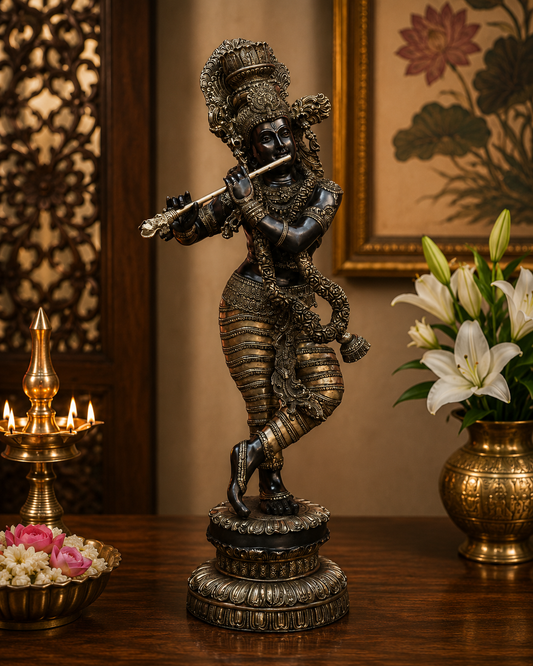 Brassaura® Large Black & Antique Brass Lord Krishna Idol | Handcrafted Krishna Playing Flute Statue for Home Temple, Luxury Décor & Spiritual Spaces | Height 45 Inches | Weight 48 Kg
