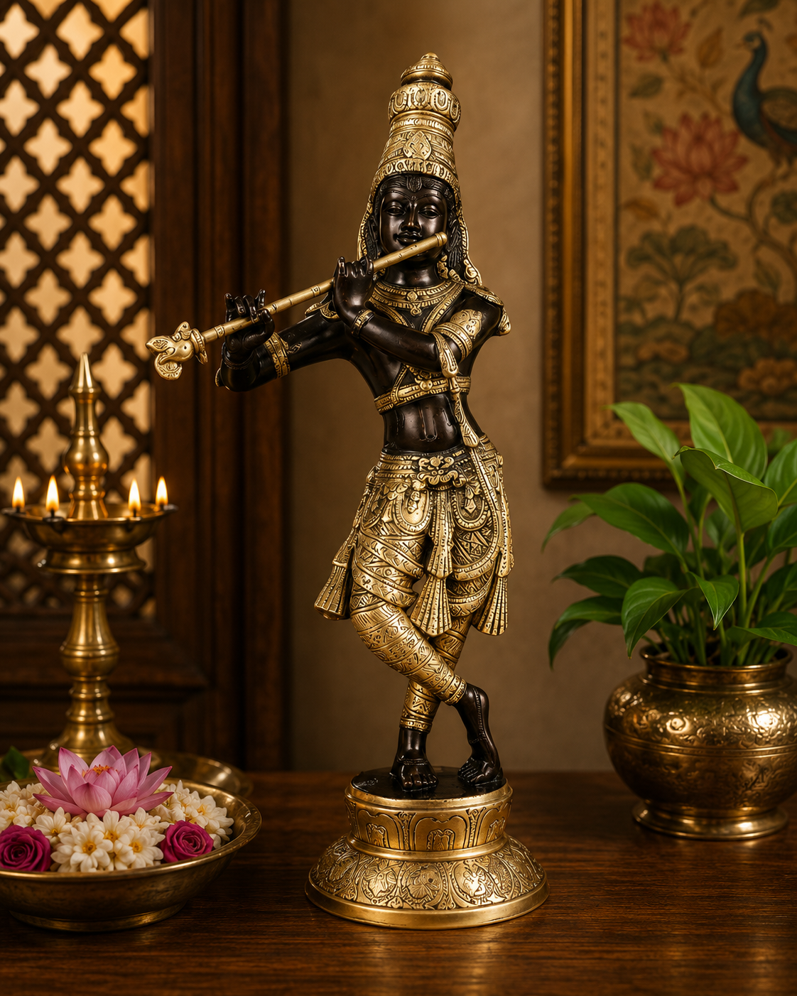 Brassaura® Superfine Black & Gold Lord Krishna Idol | Handcrafted Krishna Playing Flute Brass Statue for Home Temple, Luxury Décor & Spiritual Spaces | Height 23 Inches | Weight 10 Kg