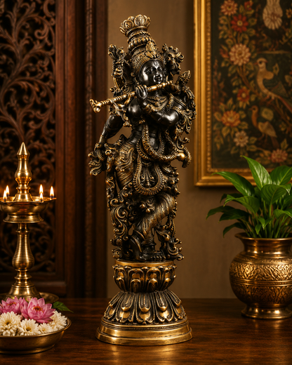 Brassaura® Superfine Black & Gold Lord Krishna Idol | Handcrafted Krishna Playing Flute Brass Statue for Home Temple, Luxury Décor & Spiritual Spaces | Height 29 Inches | Weight 20 Kg