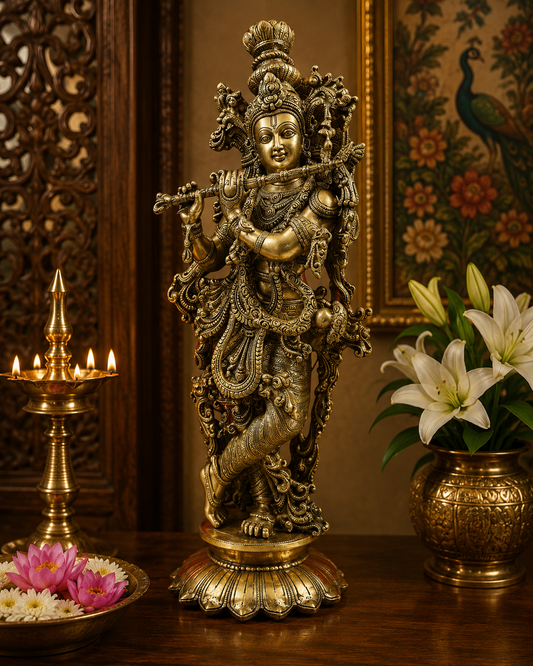 Brassaura® Superfine Brass Lord Krishna Idol Playing Flute | Handcrafted Brass Krishna Statue for Home Temple, Luxury Décor & Spiritual Spaces | Height 27 Inches | Weight 14.8 Kg