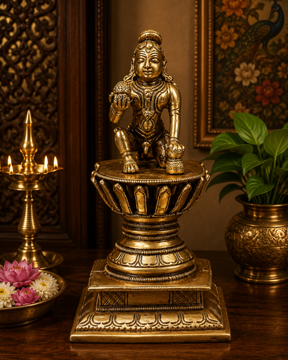 Brassaura® Brass Laddu Gopal Sitting on Lotus Idol | Handcrafted Bal Gopal Krishna Murti for Home Temple, Pooja Room & Spiritual Décor | Height 5 Inches | Weight 520 Grams