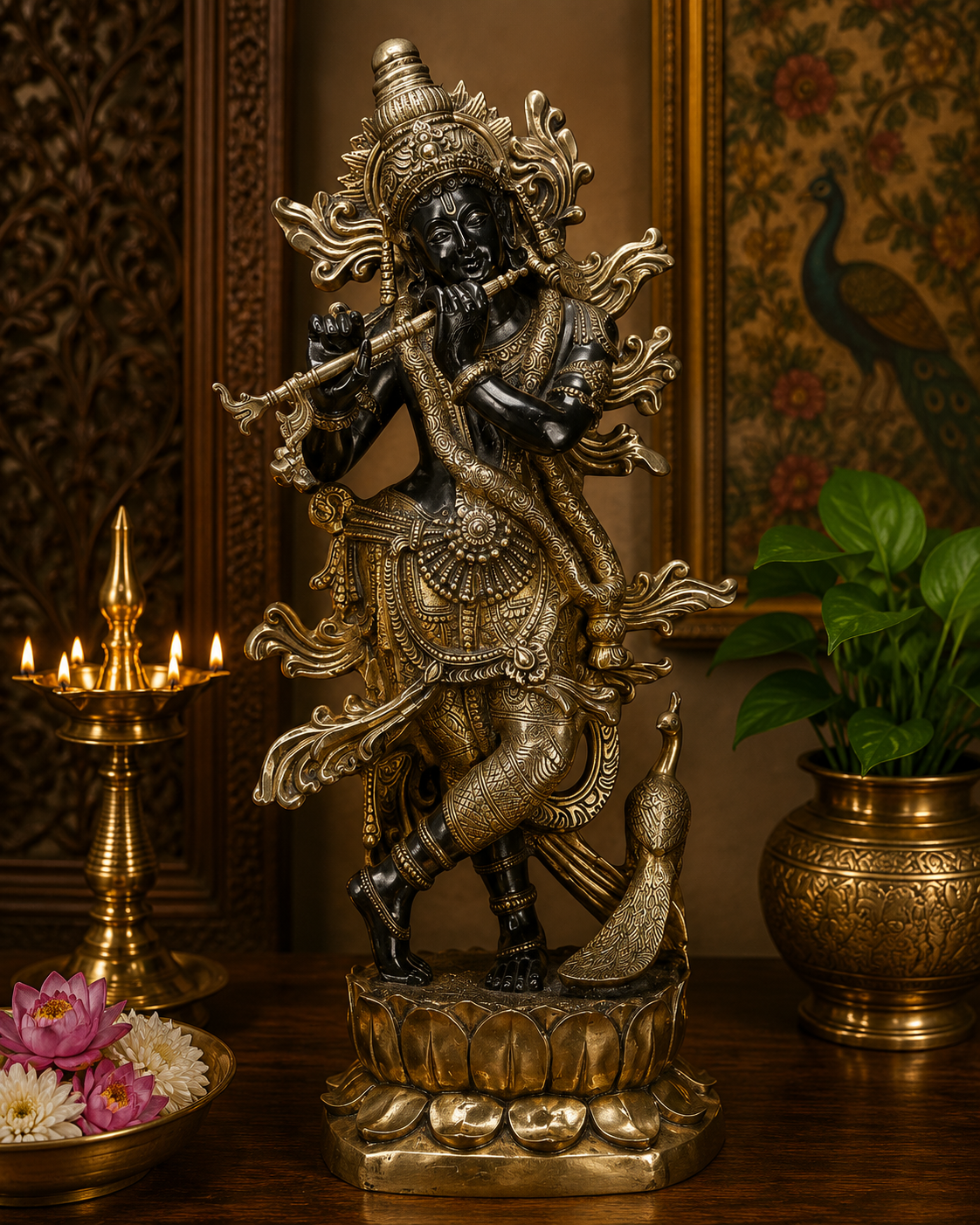 Brassaura® Large Superfine Brass Lord Krishna Playing Flute Idol with Peacock | Handcrafted Vintage Black & Gold Krishna Murti for Home Temple & Luxury Décor | Height 48 Inches | Weight 73.8 Kg