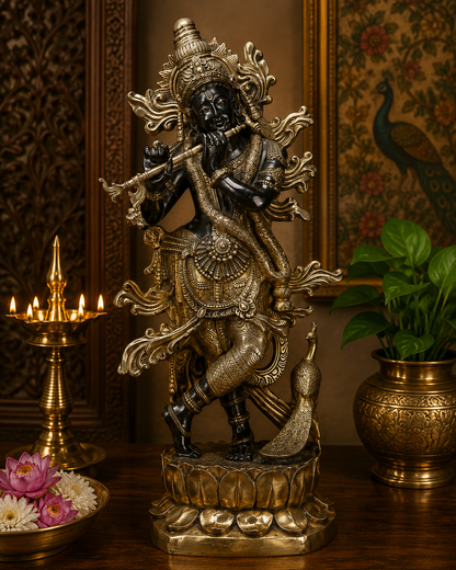 Brassaura® Large Superfine Brass Lord Krishna Playing Flute Idol with Peacock | Handcrafted Vintage Black & Gold Krishna Murti for Home Temple & Luxury Décor | Height 48 Inches | Weight 73.8 Kg