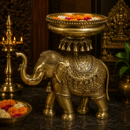 Brassaura® Brass Decorative Elephant Urli with Hanging Bells | Handcrafted Elephant Bowl for Floating Flowers & Home Décor | Height 31 Inches | Weight 55 Kgs