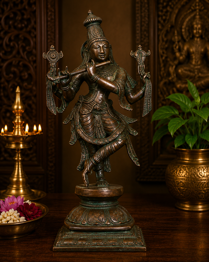 Brassaura® Krishna Playing Flute Idol with Antique Green Patina Finish | Pure Superfine Brass Handcrafted Murti | Brass Statue for Home Temple, Pooja Room | Height 11.5 Inches | Weight 3.5 Kgs