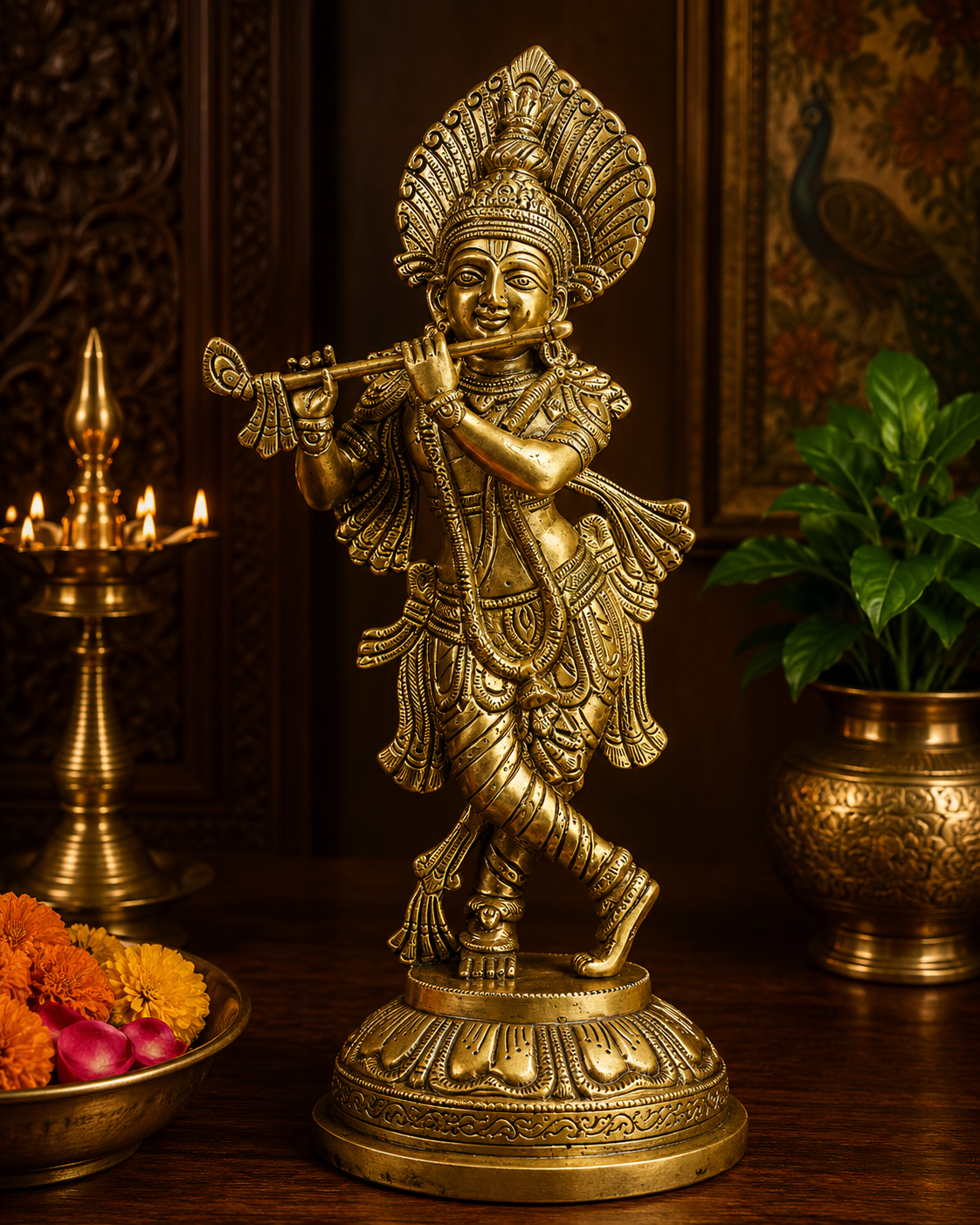 Brassaura® Krishna Playing Flute Idol with Polished Finish | Pure Superfine Brass Handcrafted Murti | Brass Statue for Home Temple, Pooja Room | Height 14.75 Inches | Weight 3.9 Kgs